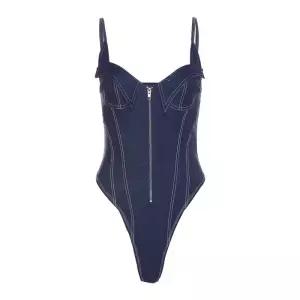 데님 지퍼 하트넥 나시 바디수트 민소매 멋진 바프