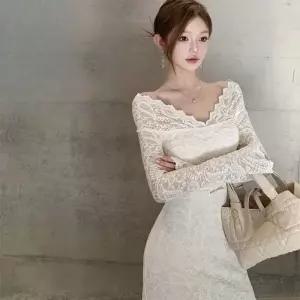 EAMT 원피스 여성 가을 어깨 살구색 일자 레이스 튜브톱 롱스커트 힙업 긴팔 EUNG3