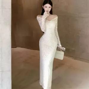 EAMT 가을 원피스 스커트 여사친 롱 머메이드 긴팔 레이스 힙업 어깨 일자 EUNG3