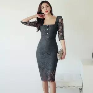 EAMT 여친 원피스 치마 힙 슬림 추동 칠부소매 스퀘어넥 펜슬 백 레이스 EUNG3