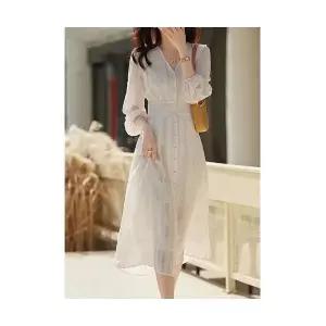 EAMT 여자 레이스 원피스 화이트 브이넥 허리조임 슬림 롱스커트 긴팔 캐주얼 EUNG5