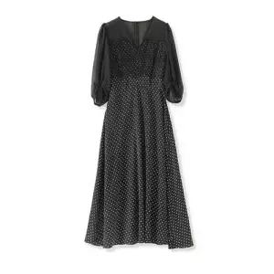 EAMT 원피스 검정 미디 여자 V넥 쉬크한 드레스 웨이스트 도트 레이스 EUNG5