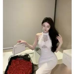 EAMT 원피스 여성 화이트 레이스 홀터넥 패치 슬림 랩 드레스 EUNG5