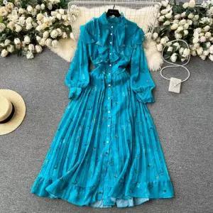 EAMT 원피스 스커트 여성용 롱 가을 바캉스 레이스 프린트 프릴 쉬폰 셔링 슬림 EUNG3