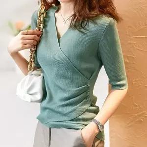 여성 상의 7부 반팔 브이넥 니트 티셔츠 그린_19681453_667501