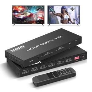 FERISA 4x2 HDMI 매트릭스 스위치, 4 in 2 Out 비디오 스위처 스플리터 + 광학 및 L/R 오디오 출력, 울트라 HD 4K, 3D 1080P 지원, IR 리모컨 포함 EDID 추출기