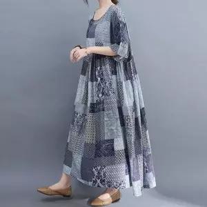 오버핏 빅사이즈 면 린넨 포켓 반팔 롱 원피스 MA8177_19910598_667501