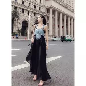 여성 여름 데님 배색 쉬폰 멜빵 나시 원피스 치마_19910200_667501