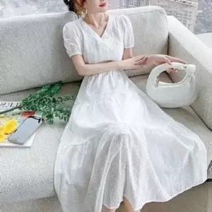 펀칭원피스 반팔 소매 퍼프 플레어 롱원피스 브이넥원_19910818_667501