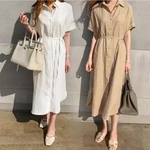 피서 여행 여름 시원한 린넨 반팔 롱 셔츠 원피스_19913004_667501