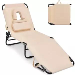 GYMAX 태닝 의자 페이스 홀이 있는 350파운드 비치 라운지 분리 가능한 세탁 베개 및 휴대 스트랩 조절