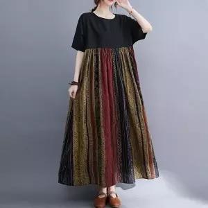 오버핏 빅사이즈 면 린넨 포켓 반팔 롱 원피스 MA8185_19911400_667501