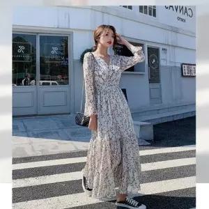 여성 브이넥 플라워 패턴 롱원피스 쉬폰원피스 플레어_19912508_667501