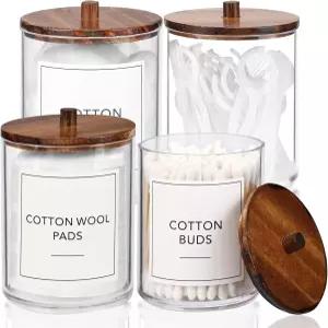 나무 뚜껑이 있는 테모이 4팩 큐팁 홀더 디스펜서 - 10온스 투명 플라스틱 약병 용기 화장지 패드 볼