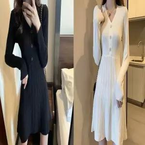 브이넥 단추포인트 슬림핏 프릴 미니니트 A라인원피스_19872854_667501