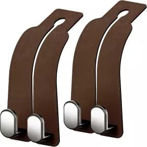 헤드레스트용 AMINOR 2 팩 카시트 후크 금속 후크가 있는 2-in-1 프리미엄 가죽 카 헤드레스트 행거 지갑용