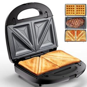 킨스타 3 in 1 전기 샌드위치 메이커 탈착식 논스틱 플레이트가 있는 와플 양면 가열 그릴 청소 및 보관이 용이하며 아침 식사 그릴드 치즈 스테이크 요리에 완벽