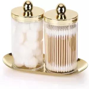 금 트레이가 있는 Tbestmax 2팩 큐팁 홀더 면봉 공 패드 치실 픽을 위한 10온스 플라스틱 용기 약병 - 투명