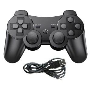 PS3용 링크셰어 무선 컨트롤러, 충전 코드가 있는 플레이스테이션 3용 더블 진동 블루투스 게임패드 리모컨(블랙)