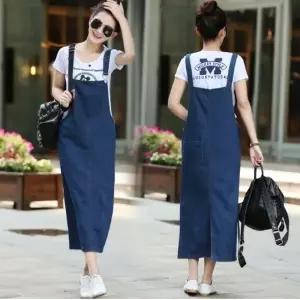 여성 가볍고 여유있는 핏 진청 데님 롱 멜빵치마_19958794_667501