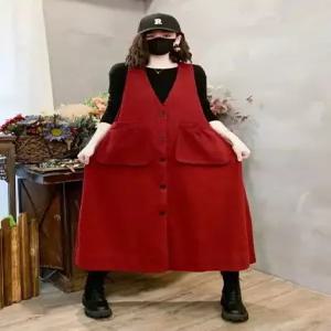 스파이더맨 가을 원피스 스커트 여친 면 브이넥 A라인 나시 민소매 빅 포켓 OPH3