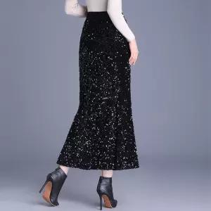 스트레인지 스커트 검정 여사친 롱 가을 데일리룩 머메이드 슬림핏 스팽글 힙업 KUK3