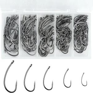 200개 바브리스 낚시 훅 키트 잉어 플라이 타이핑 서클 커브 샹크 라이브 미끼 헤어 리그 송어 민물 소금물