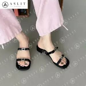 [애슬릿] 리본 큐빅 버클 투 스트랩 여성 슬리퍼 뮬