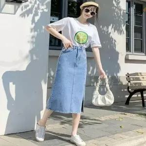 여성 데일리 앞 절개 데님 롱스커트 청스커트 미디_19953316_667501