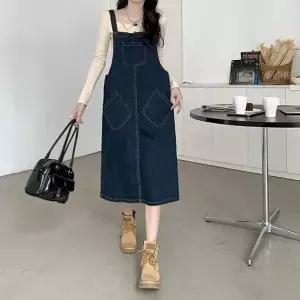 여성 캐주얼 귀여운 포켓 멜빵 청치마 데님 롱원피스_19951752_667501