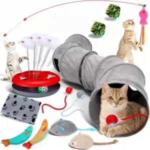 태즈두리안 12개 고양이 터널 세트 대형 접이식 애완동물 튜브 S자형 미로 실내 장난감 스틱 담요 턴테이블