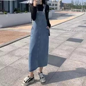 학생 여학생 캐주얼 심플 데님 멜빵 롱스커트 원피스_19958048_667501