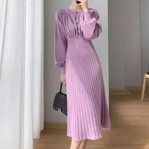 셔링 골지 원피스 롱기장 A라인 퍼프소매 앞버튼_19951440_667501