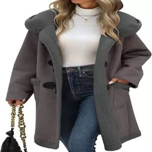 우미푸보 여성용 인조 스웨이드 코트 셰르파 플리스 안감 오버사이즈 더플 겨울 중간 길이 후드 토글 재킷