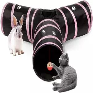 고양이 토끼 터널 튜브 핑크 3방향 접이식 작은 동물 놀이 실내 페럿 동물을 위한 공이 달린 장난감