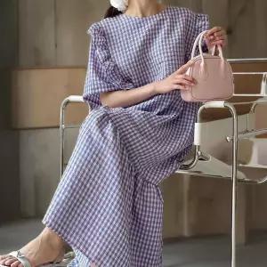 [신상오픈런]여성 프릴 디자인 빅사이즈 체크 롱드레스 시어서커 (35835087)