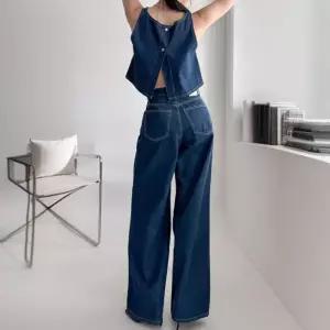 [신상오픈런]크롭 데님조끼 플리츠 논스판 와이드데님팬츠 투피스 (30551392)