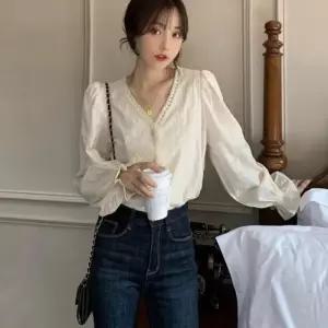 [신상오픈런]레이스블라우스 중세 긴팔 공주풍 브이 퍼프 (30546393)