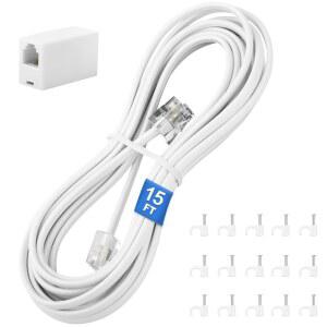 Uvital 전화 연장 코드 15피트, RJ11 플러그가 있는 라인 케이블, 인라인 커플러 1개 및 네일 인 케이블 클립 홀더 15개, 흰색