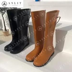 [애슬릿] 스티치 사이드 손 잡이 와이드 플랫 롱 부츠