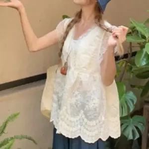 여성용 레이스 브이넥 민소매 레이어드 블라우스 1144788