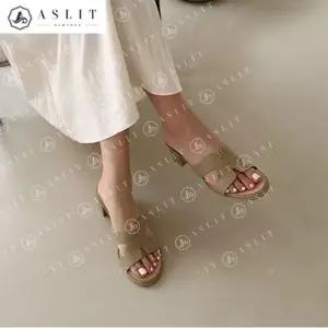 [애슬릿] 천연 소 가죽 H 스트랩 미들 힐 슬리퍼 뮬