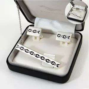 손거울 (카라빈카)문양 타이핀 커프스set-당초문(청색)