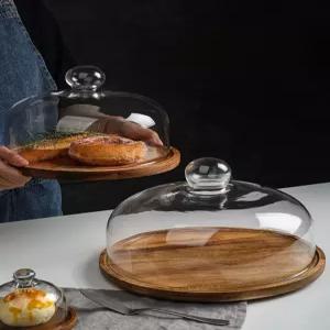 케이크 유리 트레이 뚜껑 나무 돔 커버 받침대 카페