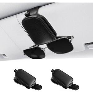 자동차용 SINGARO 선글라스 홀더, 가죽 마그네틱 버클 선바이저 클립, 티켓 카드 보관 안경 남녀용 자동차 인테리어 액세서리 2PCS 블랙