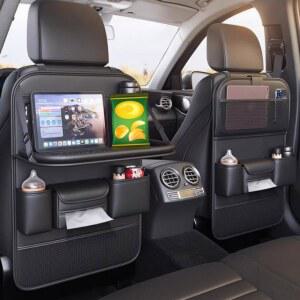 접이식 테이블 트레이가 있는 베루유 2팩 가죽 자동차 뒷좌석 정리함, 태블릿 홀더가 카시트 등받이 보호대 킥 매트, 여행용 액세서리 보관 정리함