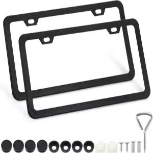 2팩 번호판 프레임 2홀 매트 블랙 무료 나사 패스너 캡 및 공구가 있는 알루미늄 홀더