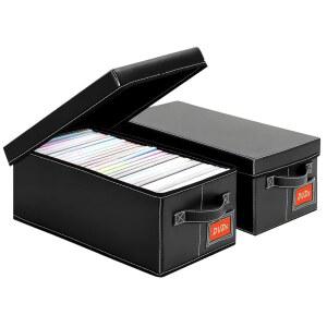 요요부 DVD 보관함 u2013 블랙 인조 가죽 케이스, 뚜껑 있는 선반 정리기 포함 25개의 표준 케이스 접이식 및 스태커블 미디어 보관 솔루션-2팩