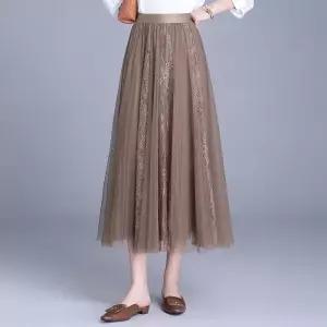 포뇨 여성 슬림핏 롱 스커트 레이스 망사 A라인 봄 가을 OPH3