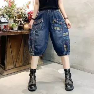 포뇨 여성 5부 데님 빅사이즈 슬림핏 레터링 프린트 밴딩 하이웨스트 배기 바지 OPH1